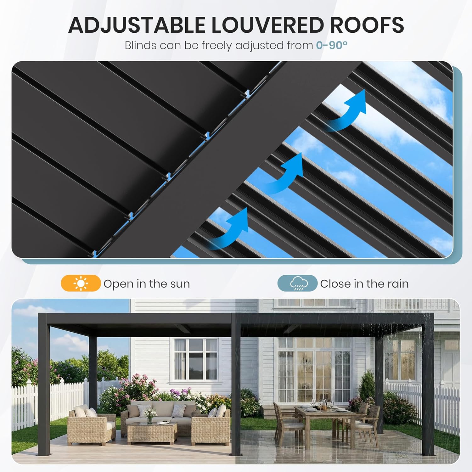 10'×20' Outdoor Louvered Pergola, Aluminum Outdoor Louvered Pergola Patio with Adjustable Roof, Gazebo for Outdoor Deck, Backyard, Garden(10x20FT)