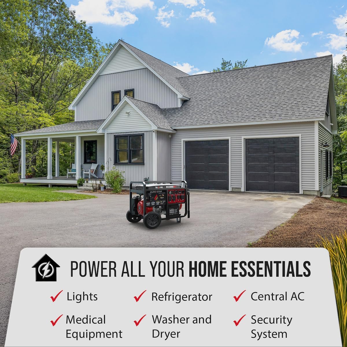 DuroStar DS13000MXT 13,000-Watt 500cc Tri Fuel Portable Generator - Gas, Propane & Natural Gas, Remote Electric Start, Whole Home Power Backup, Transfer Switch Ready, RV & Emergency Ready