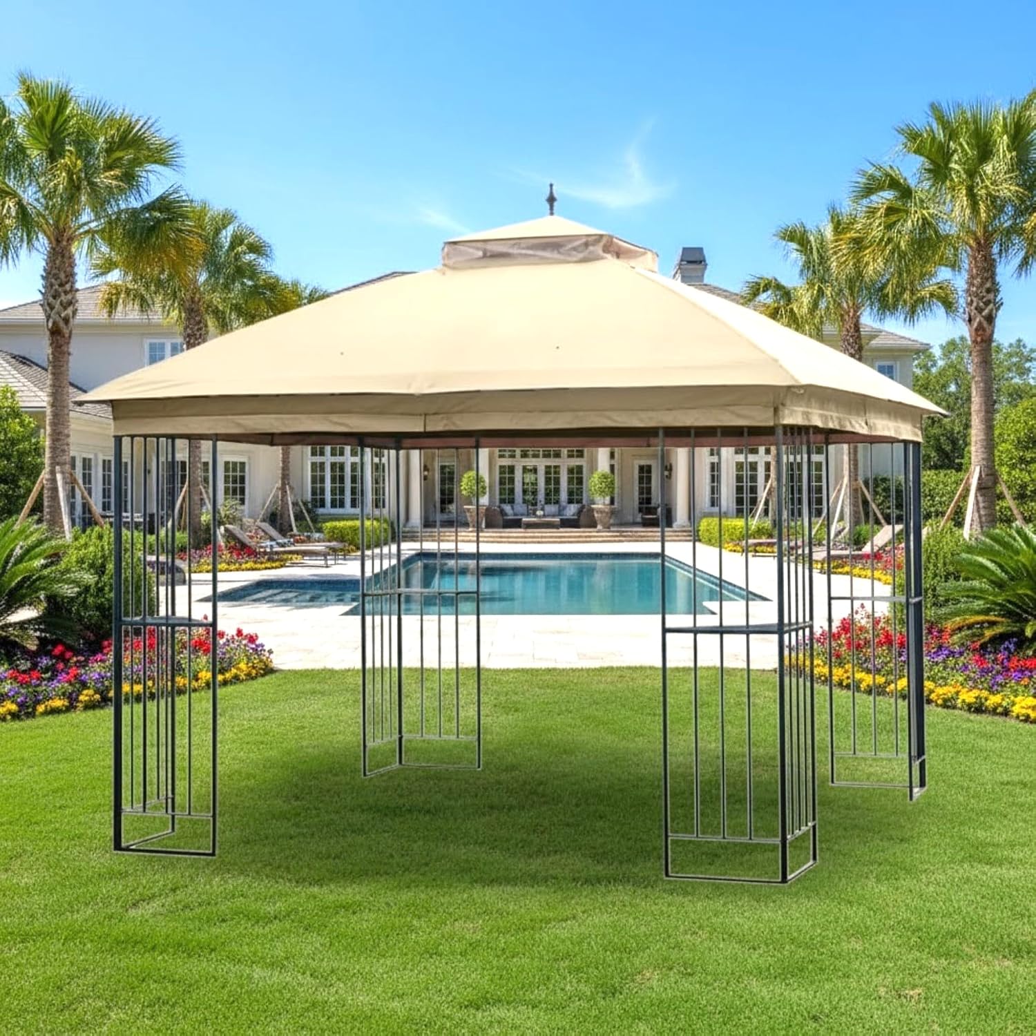 Garden Winds Reinforced Replacement Canopy Top Cover Compatible with The TPGAZ9116A, TPGAZ9116B, TPGAZ9116 Style Selections Stratford 10' x 10' Gazebo - Classic Sand, Riplock 350