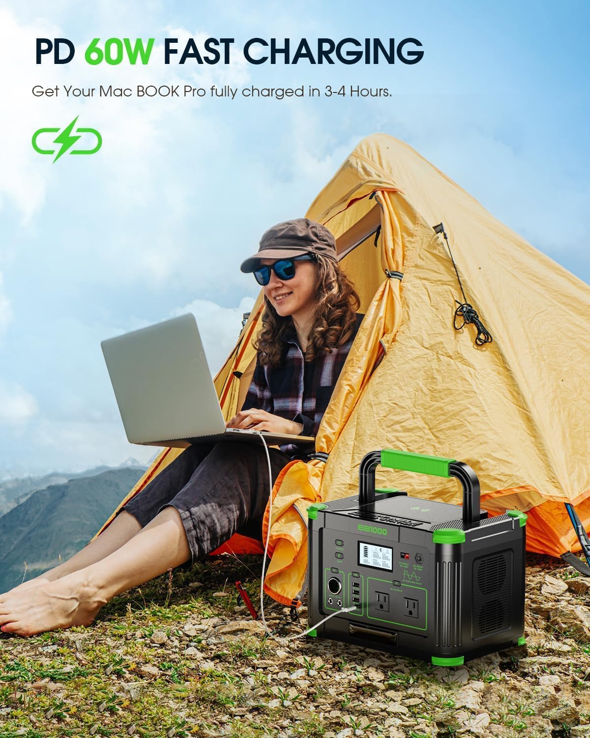 1000W Portable Power Station 999Wh, 110V Pure Sine Wave AC Outlet (2000W Peak), 60W PD USB-C & 10 Ports, Solar Generator for Home Backup, Outdoor Camping, RV, Emergency, Off-Grid Living