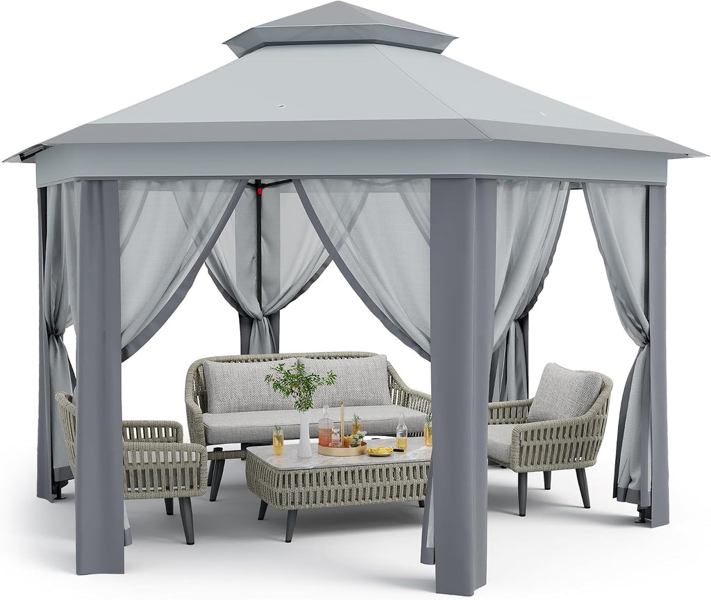 13 x 13FT Pop Up Gazebo, Instant Backyard Canopy Tent with Mosquito Net & Double Roof, Pop-Up Gazebo Canopies Adjustable Height for Patio, Party, Gray