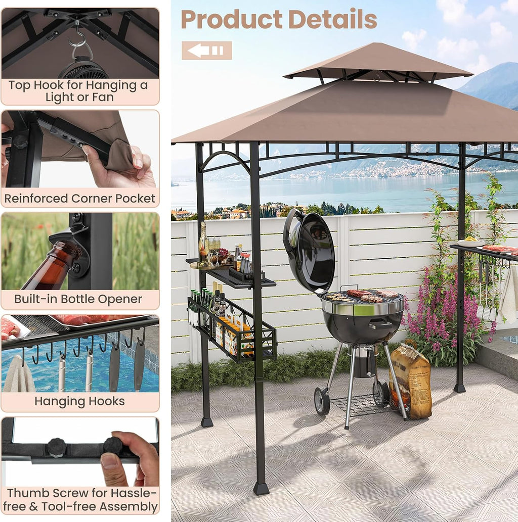 8 x 5 Ft Grill Gazebo Canopy, Double Tiered BBQ Gazebo for Outdoor Grill with 2 Side Shelf, Storage Basket, Ceiling Hook, Barbecue Bar Canopy Tent for Backyard Garden Patio Poolside (Coffee)