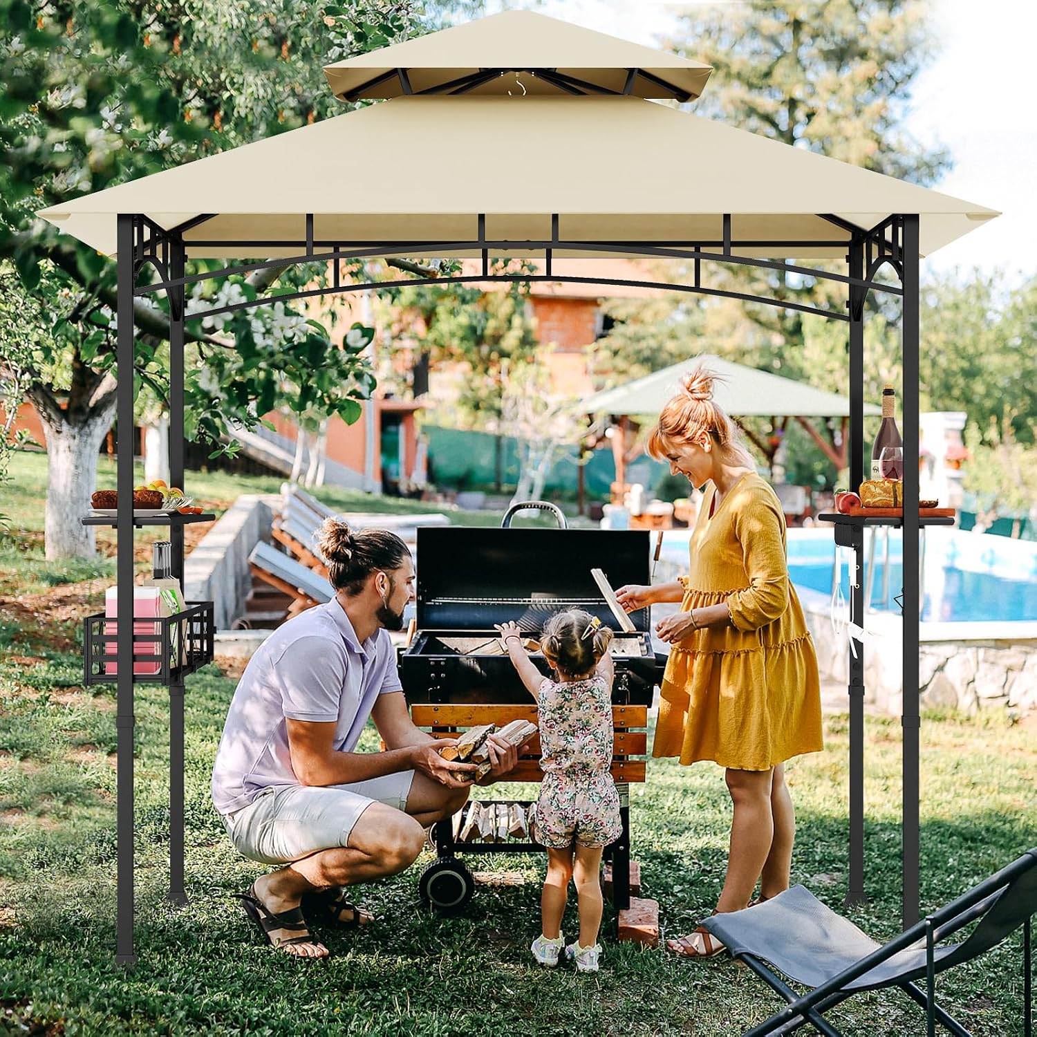 HAPPYGRILL 8 x 5 FT BBQ Grill Gazebo with 2 Side Shelves, Storage Basket, Hanging Hooks, Bottle Opener, Double-Tiered Top, Metal Frame, Outdoor Barbecue Canopy, Grilling Shelter for Patio Garden Yard