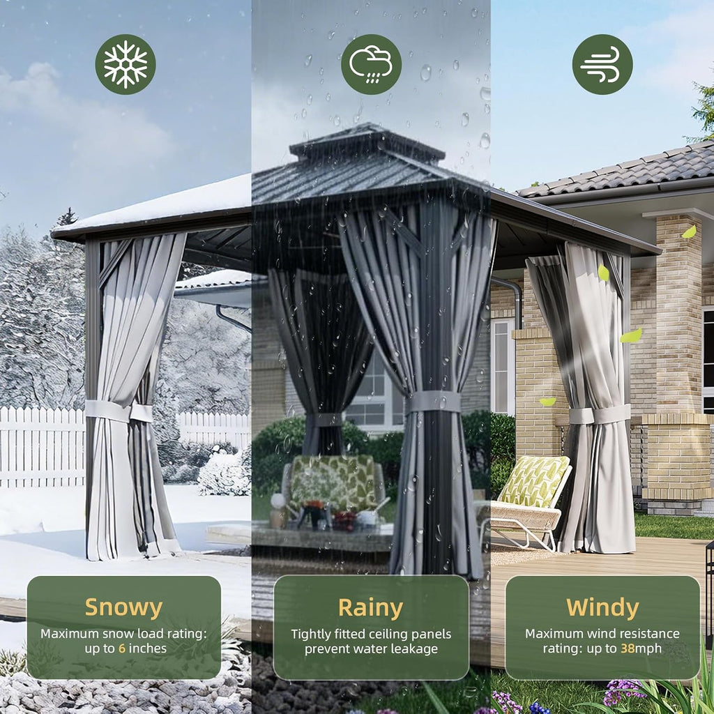 Aoxun 10'x10' Hardtop Gazebo, Permanent Metal Pavilion with Galvanized Steel Double Roof, Outdoor Pergola with Nettings and Curtains for Lawn, Garden, Patio (Gray)