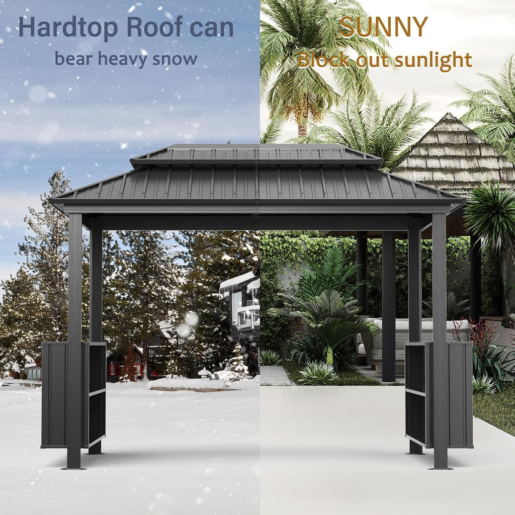 Domi 6x10FT Hardtop Grill Gazebo, BBQ Gazebo with Double Galvanized Steel Roof, 2 Storage Cabinets and Ceiling Hooks, Outdoor Grill Shelter for Backyard, Lawn and Garden(Gray)