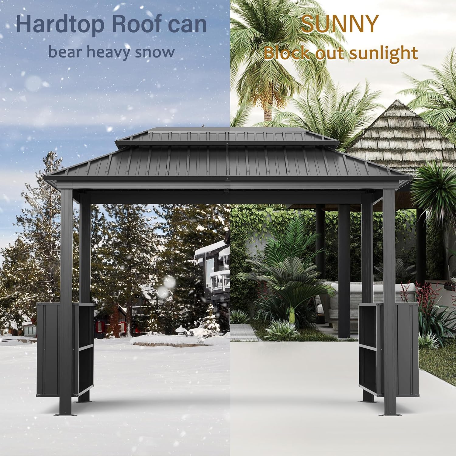 Domi 6x10FT Hardtop Grill Gazebo, BBQ Gazebo with Double Galvanized Steel Roof, 2 Storage Cabinets and Ceiling Hooks, Outdoor Grill Shelter for Backyard, Lawn and Garden(Gray)