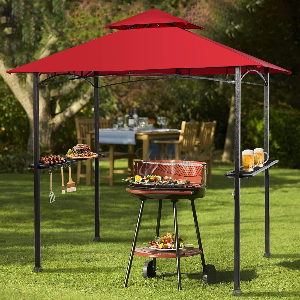 Giantex Grill Gazebo, 8ft x 5ft Grill Station with Canopy, Heavy Duty Steel Frame, 2 Side Shelves, 5 Hooks, 8 Ground Stakes, Outdoor Grill Shelter Barbecue Tent for Backyard Patio Camping (Burgundy)