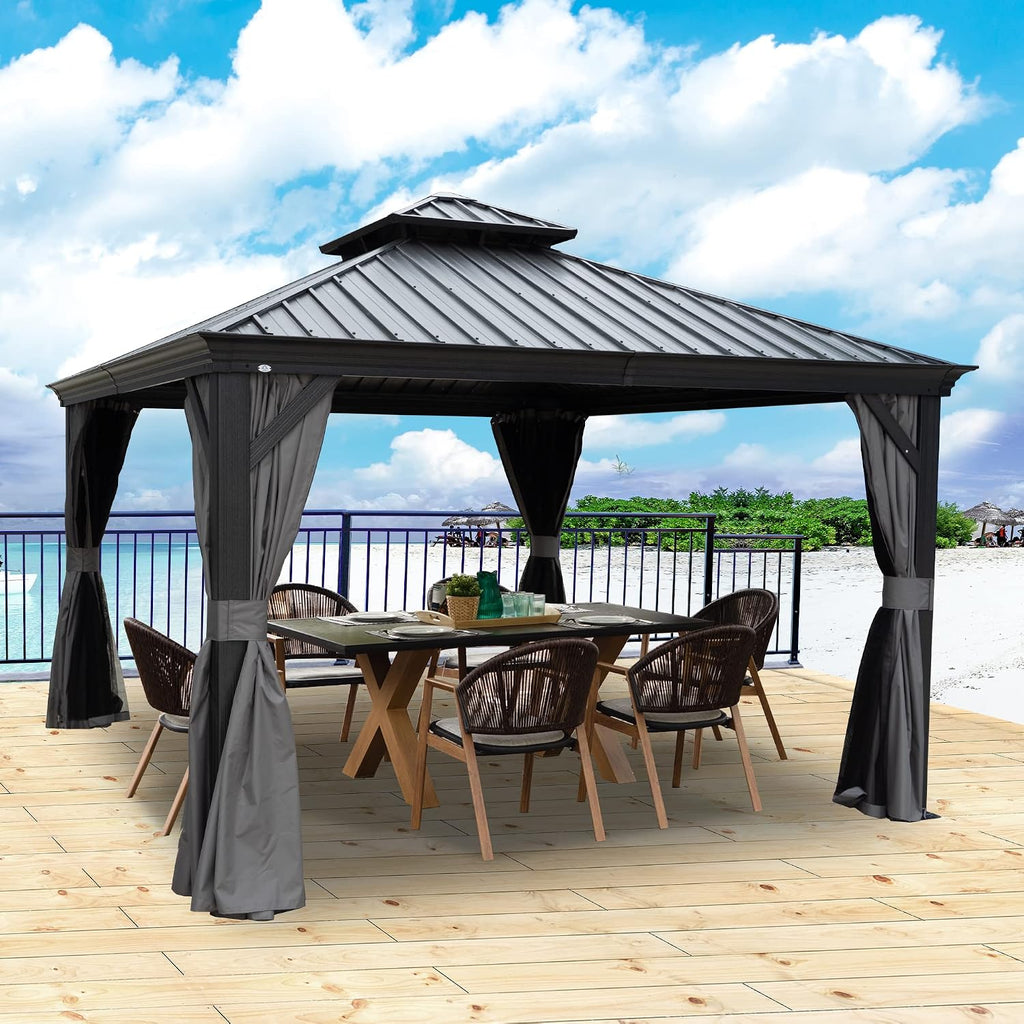 Kozyard Alexander 12' x 12' Hardtop Gazebo, Aluminum Frame with Galvanized Steel Double Roof, Outdoor Permanent Pavilion with Curtains and Netting for Patio, Backyard, Deck, Lawn(Gray)