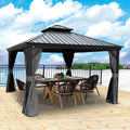 Kozyard Alexander 12' x 12' Hardtop Gazebo, Aluminum Frame with Galvanized Steel Double Roof, Outdoor Permanent Pavilion with Curtains and Netting for Patio, Backyard, Deck, Lawn(Gray)