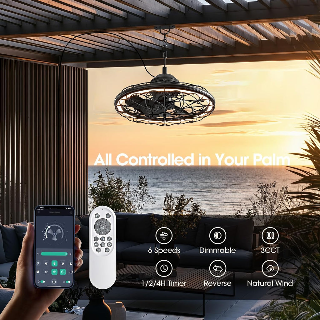 20' Outdoor Ceiling Fan, IP65 Waterproof Gazebo Fan with Light, Remote Control，6 Speeds，3CCT, Plug in Caged Ceiling Fan with Hanging Hook for Patio, Porch, Canopy