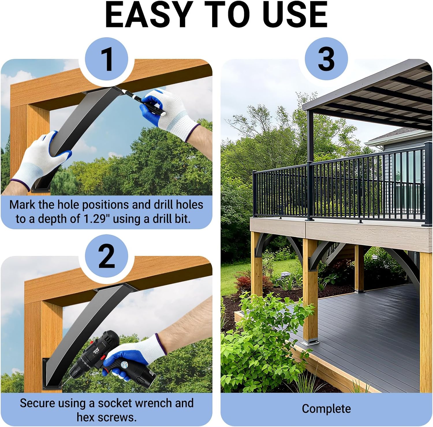 Heavy Duty Arc 45 Degree Angle Bracket, Wood Pergola Bracket Kit-4 Pcs for 6''x6'' Post, Pergola Accessories, for Gazebos, Decks, Porches, Log Cabins etc., Wood Post and Beam Angle Support Brackets