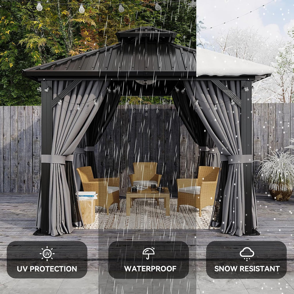 Aoxun 10'x10' Hardtop Gazebo, Permanent Metal Pavilion with Galvanized Steel Double Roof, Outdoor Pregola for Lawn, Garden, Patio (Black)