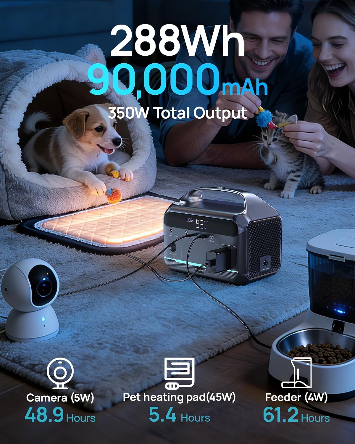 DARAN Portable Power Station 350W (600W Surge), Solar Generator 288Wh(90,000mAh) LiFePO4 Battery Backup with AC Outlets, 7-Port Design Power Bank for Camping, Hurricane Emergency RV