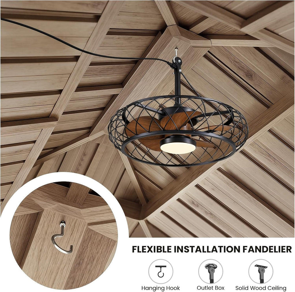 24' Outdoor Ceiling Fan with Lights Hanging Plug in Caged Outdoor Fan Remote APP Control 3CCT Dimmable, Quiet Reversible DC Motor Waterproof for Patio Pergola Porch Canopy Walnut