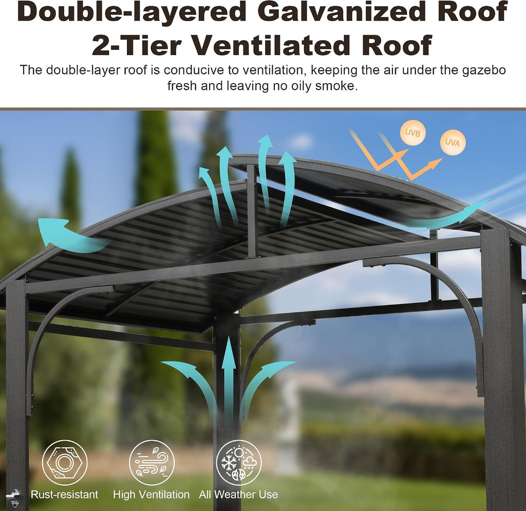Domi 8x5FT Hardtop Grill Gazebo, Outdoor BBQ Gazebo with 2 Side Shelves and Bottle Opener, Outdoor Grill Canopy with Galvanized Steel Double Roof for Patio Lawn Backyard Deck, Grey