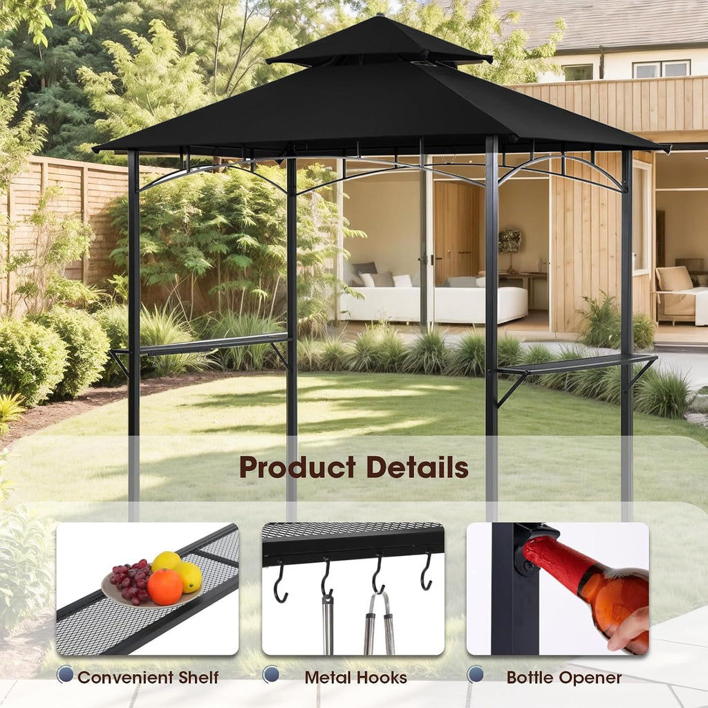 Grill Gazebo Canopy, 8'x 5' Outdoor BBQ Gazebo Shelter, Patio Double Tiered Tent for Barbecue and Picnic (Black)
