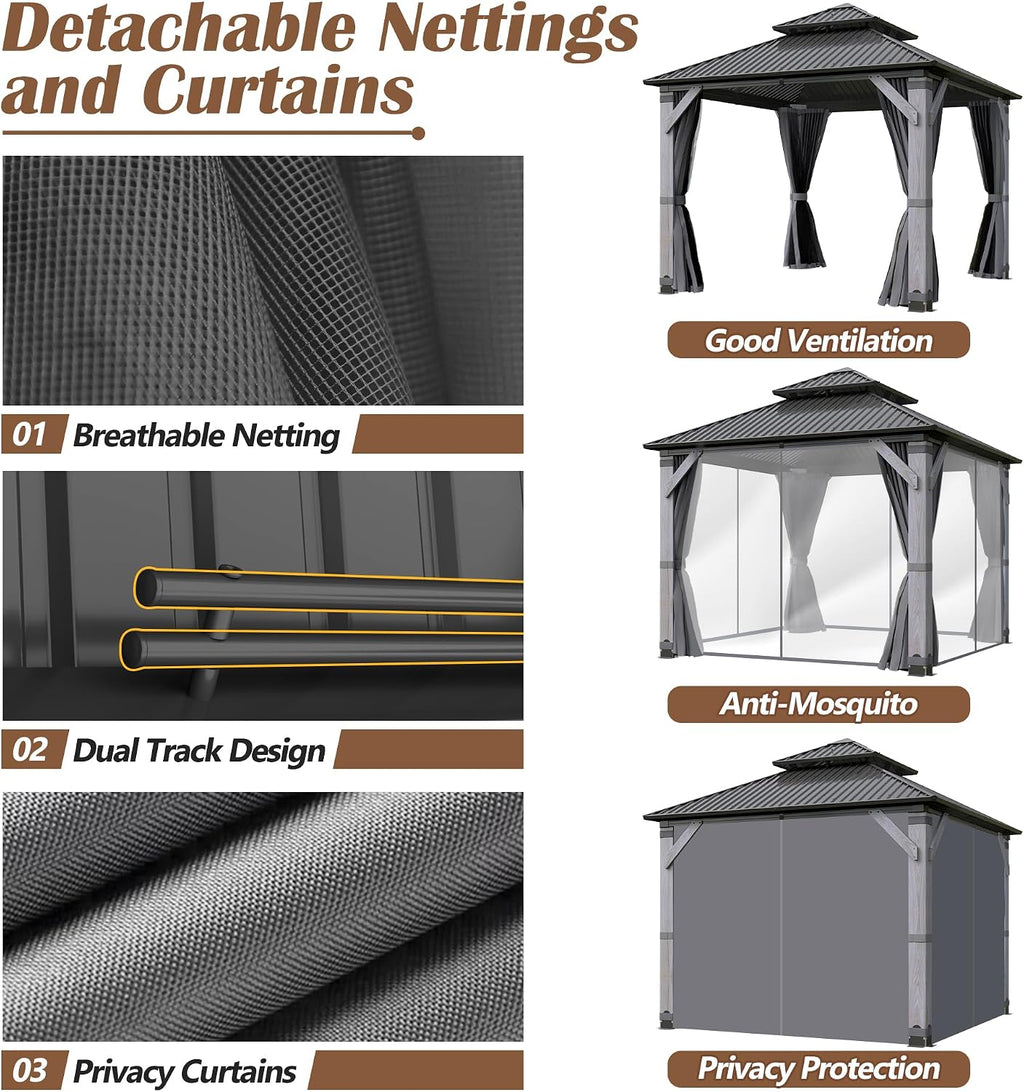 8.5 x 8.5FT Wood Gazebo,Outdoor Wooden Hardtop Gazebo with Galvanized Steel Doule Roof,Cedar Wood Frame Gazebos with Netting &Curtains for Backyard Deck