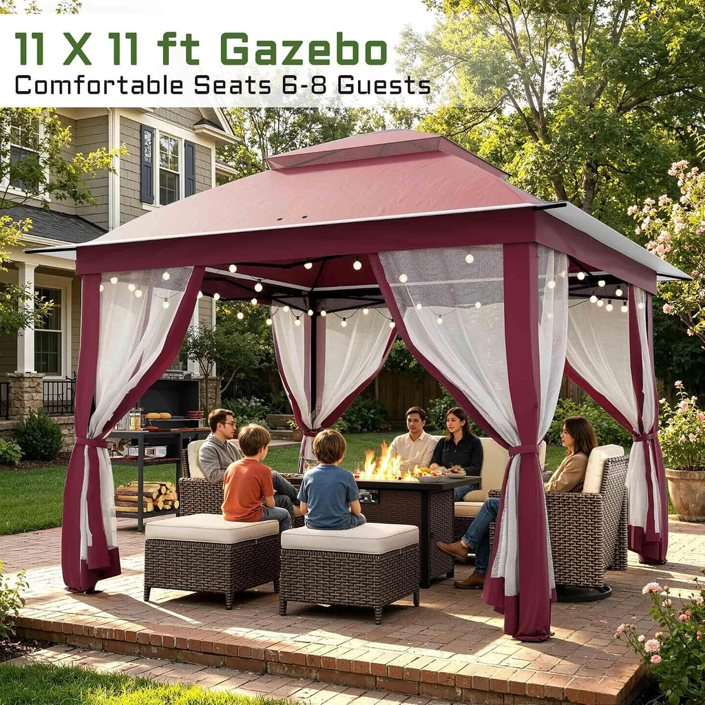 11'X11' Gazebo Pop Up with 4 Sidewalls Mosquito Netting, Heavy Duty Patio Gazebo Canopy Tent with Double Air Roofs for Backyards, Patios, Decks, Gardens, Parks