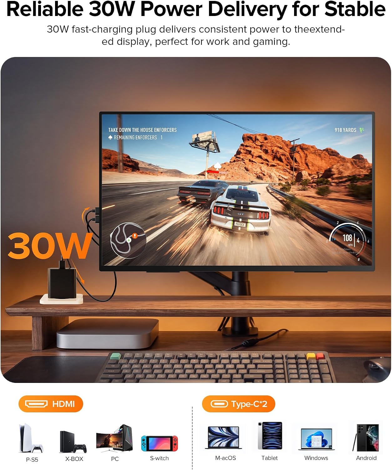 Portable Monitor 24' 144Hz 1080P, 145% sRGB QLED Gaming Monitor, 0.1MS FreeSync, 450Nits Laptop Monitor, USB-C & HDMI, VESA & Stand, Large Second Screen for Laptop, Computer, Mini PC, Game Consoles