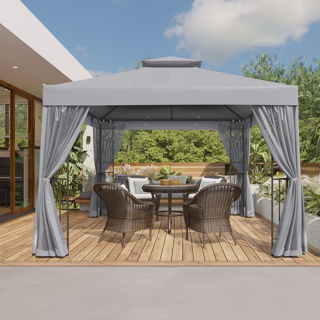 COOS BAY 10x10 Patio Gazebo with Corner Shelves, Two Tier Soft Top Canopy with Mesh Netting for Backyard, Garden, Lawn, Outdoor Events, Gray