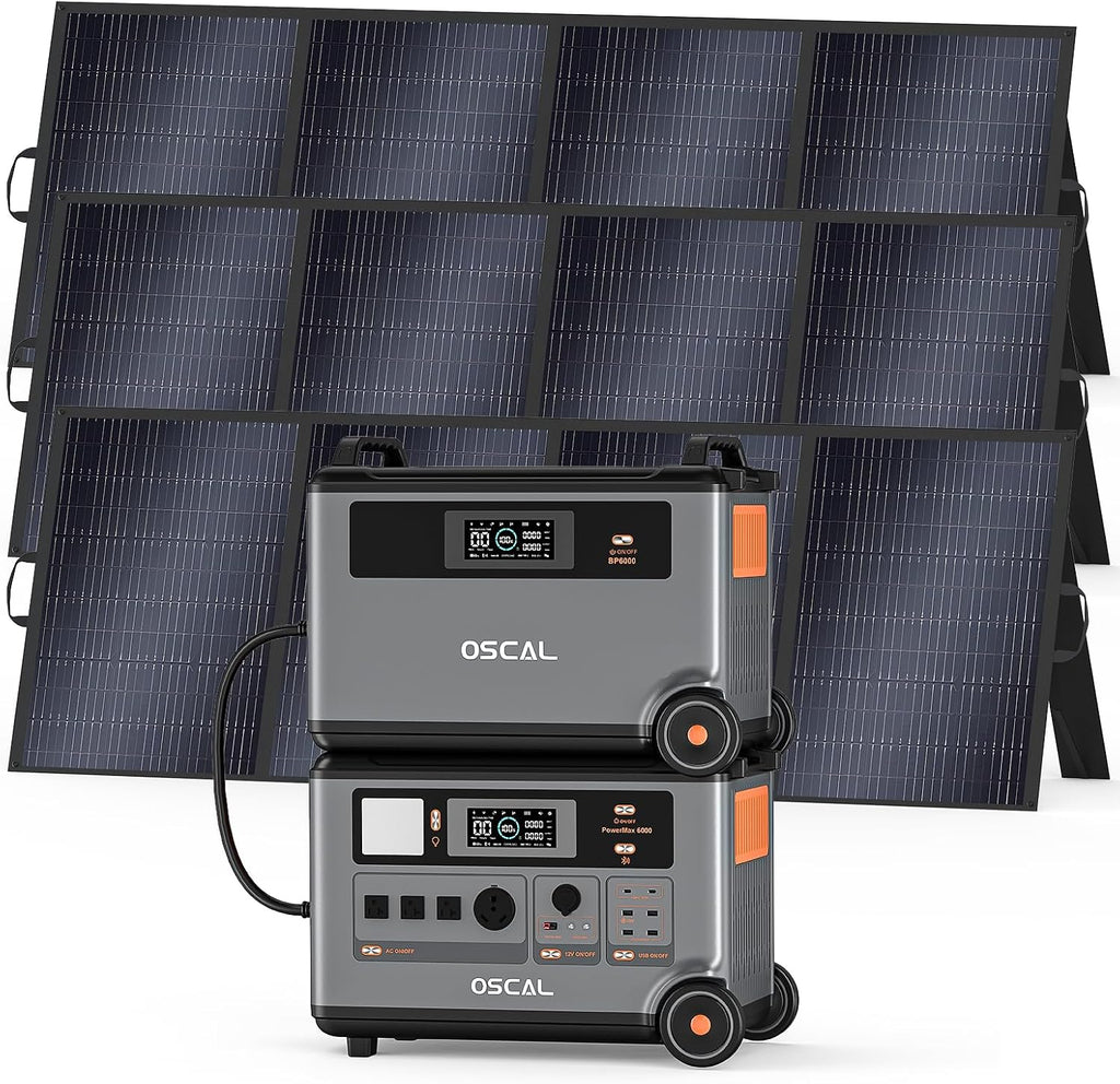 OSCAL 7200Wh Portable Power Station PowerMax 6000 with 3x400W Solar Panel, 120/240V Solar Generator, Max 6000W AC Outlets (9000W Peak), LiFePO4 Battery Power Station for Home, Camping, RV, Emergency
