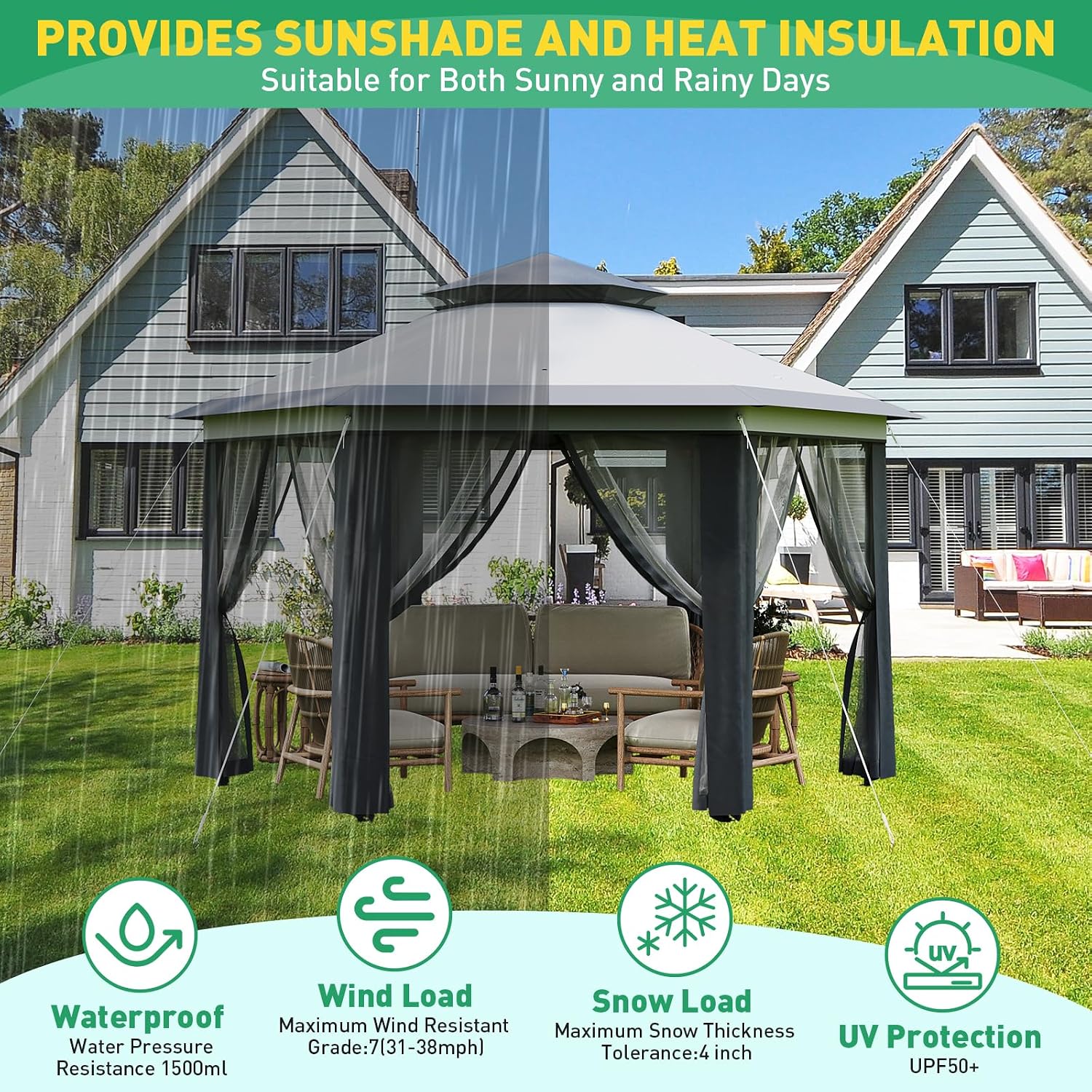 Pop-Up Gazebo 13 * 13 ft 6 Sided, Canopy Tent with Mesh Windows & Portable Carry Bag, Adjustable Tent Outdoor Pergola for Backyard & Patio Furniture (Light Grey)