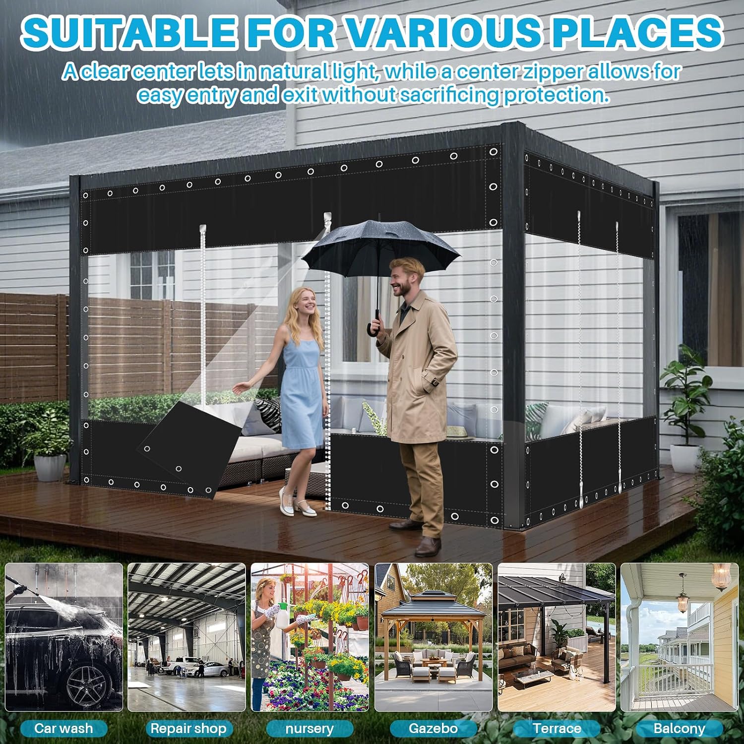 Clear Vinyl Curtains with Zippered Entry, 23oz Heavy Duty Waterproof Anti-UV and Tear-Resistant Tarpaulin with Grommets, Weatherproof Panels for Porch, Pergola, Gazebo, Balcony, Patio, Enclosure