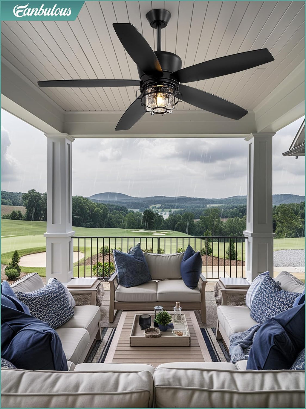 Fanbulous 52' Outdoor Ceiling Fans with Lights and Remote Control,IP65 Wet Rated Waterproof Ceiling Fan with 6-Speed DC Motor, Farmhouse Gazebo Fan for Porch Patios Pavilion（Black）