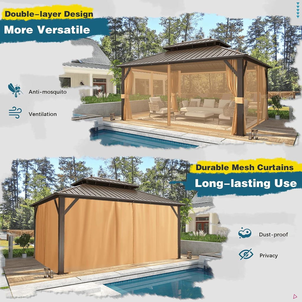 MELLCOM 12'x16' Hardtop Gazebo, Metal Double Roof Aluminum Gazebos with Curtain and Netting,Brown Permanent Galvanized Steel Pavilion for Patio, Lawn & Deck