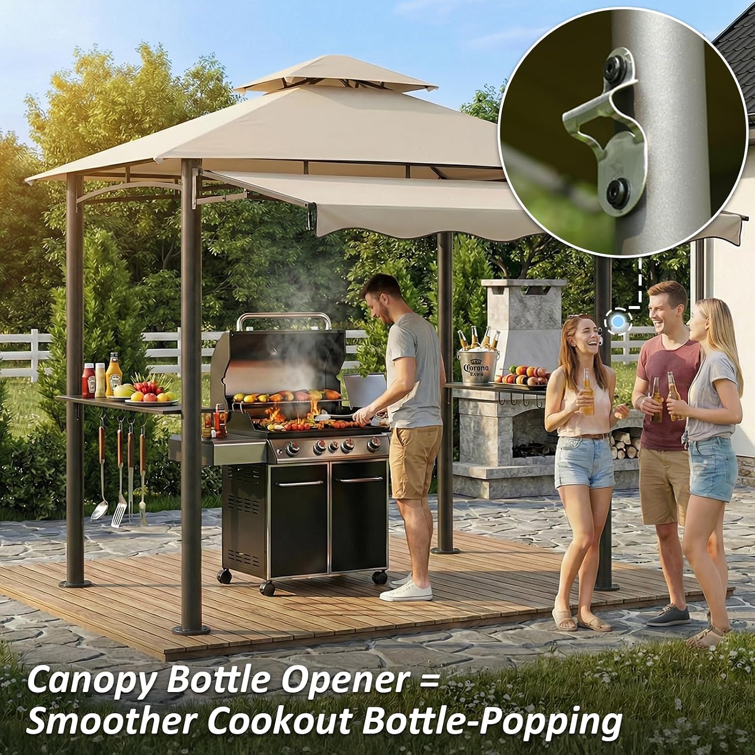 CHARMELEON 8x8 FT Grill Gazebo, Grill Canopy with Big Awning&2 Side Shelves&6 Hooks&Bottle Opener, Powder-Coated Steel BBQ Shelter for Patio Backyard Outdoor Grilling-Beige