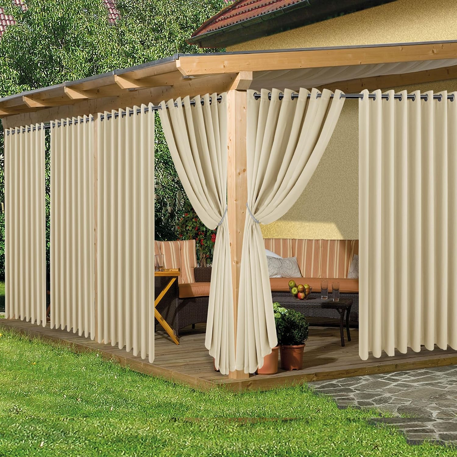 HolidayIdeas Extra Wide Outdoor Curtains for Patio Waterproof, 6 Panels - 110x84 Inches - Weatherproof Privacy Outsides Curtains for Backyard Porch Gazebo, Sunlight & UV Blocking (Cream, Grommet Top)