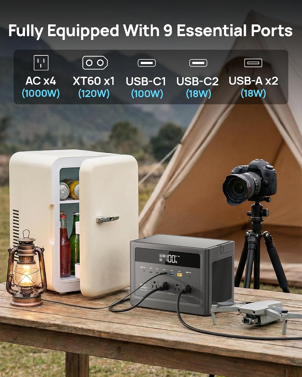 Portable Power Station 1000W (Surge 2000W), 576Wh LiFePO4 Battery Solar Generator, Power Bank AC Outlet with PD 100W Fast Charging USB-C Ports, Portable Charger for Home Use, Hurricane Emergency, RVs