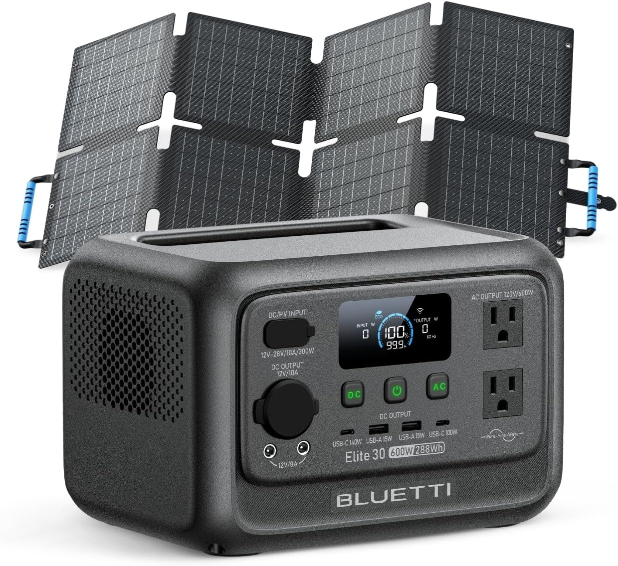 BLUETTI Solar Generator Elite 30 V2 with 60W Solar Panel (Ships Separately), 288Wh LiFePO4 Portable Power Station, 600W AC Outlets (1500W Power Lifting), for Camping, Home Use, Emergency