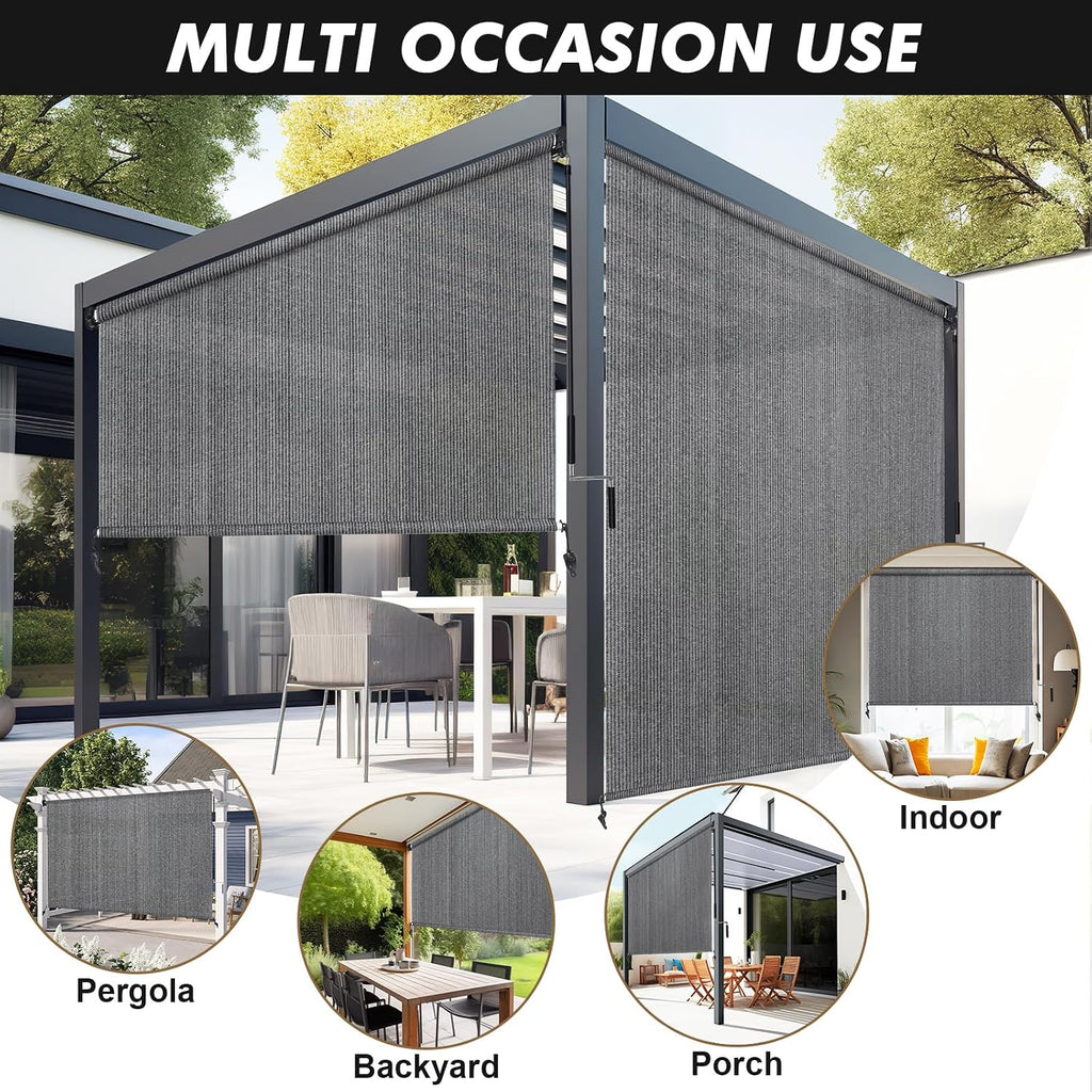 Artpuch Custom Size Outdoor Roller Shade 4' W x 8' H, Cordless Patio Shades Roll Up Outdoor Blinds with 5% Openness Solar Fabric Light Filtering for Porch, Gazebo, Pergola, Grey