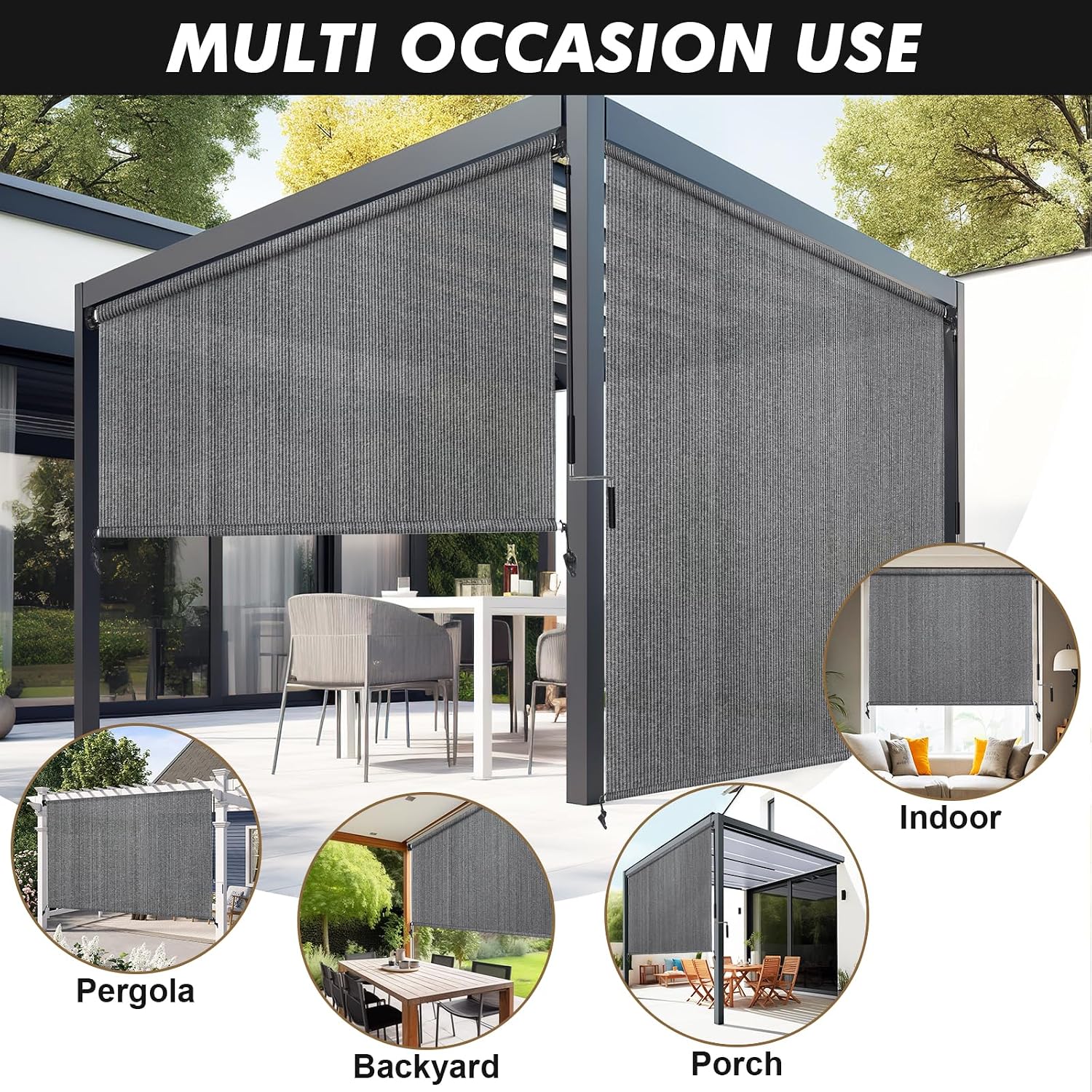 Artpuch Custom Size Outdoor Roller Shade 4' W x 8' H, Cordless Patio Shades Roll Up Outdoor Blinds with 5% Openness Solar Fabric Light Filtering for Porch, Gazebo, Pergola, Grey