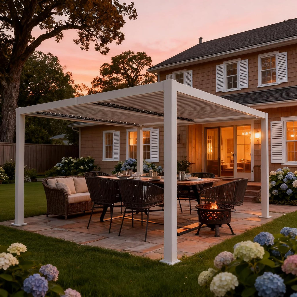 Kozyard Outdoor Louvered Pergola 12' x 12' Pergola Sun Shade All-Weather Aluminum Packing Shelter with Drainage System Adjustable Roof Waterproof for Poolside Balcony Patio Garden Yard White