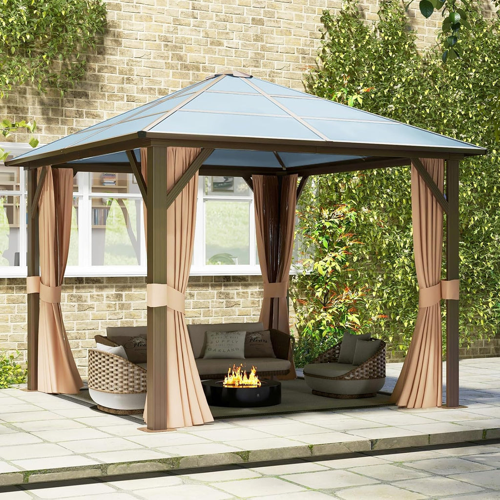 Aoxun 10' x 10' Gazebo Single Polycarbonate Roof, Outdoor Aluminum Frame Everlasting Pergolas with Netting and Curtains, for Backyards, Patios, Parties, Gardens and Lawns