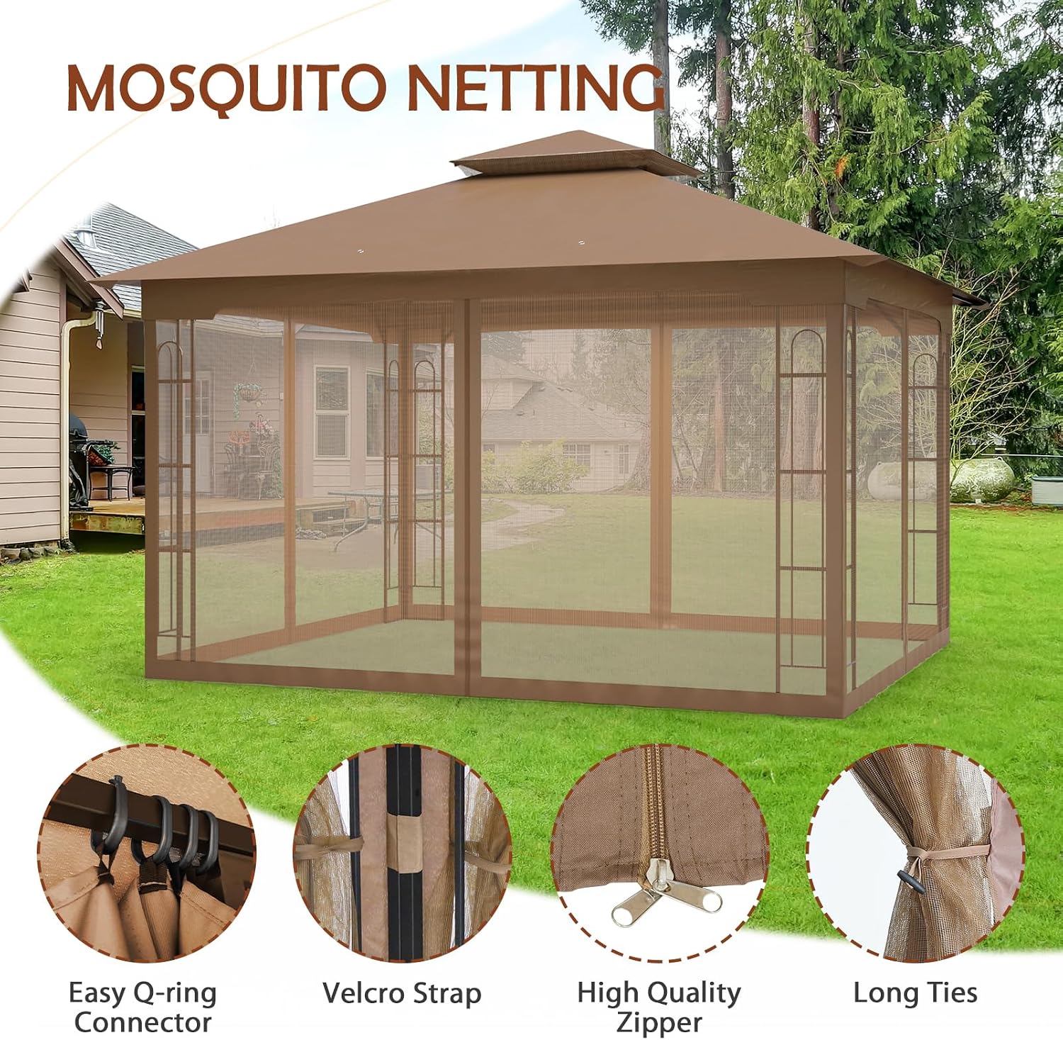 COOS BAY 10x12 Outdoor Patio Gazebo with Netting, Two Tier Water Resistant Canopy for Backyard, Brown
