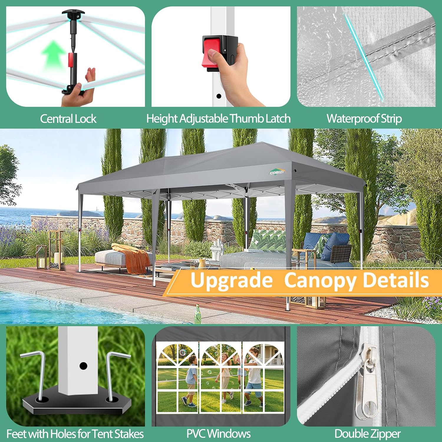 COBIZI 10x20 Pop Up Canopy Tent with 6 Sidewalls Party Tents for Parties Weddings Backyard Waterproof Commercial Instant Outdoor Events Tent with Stakes, Ropes（10 x 20 ft Gray