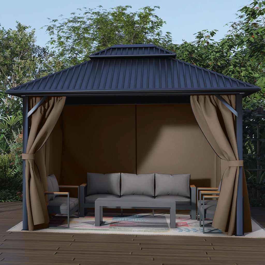 Aoodor 12x16 ft Outdoor Gazebo Curtains, 4 Panels Waterproof Privacy Sidewall Replacement with Zipper for Patio Pergola and Canopy, Brown