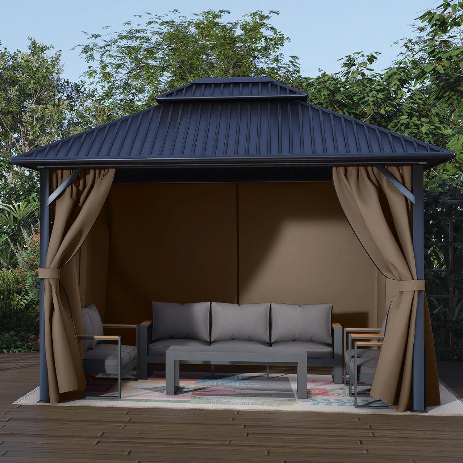 Aoodor 12x14 ft Outdoor Gazebo Curtains, 4 Panels Waterproof Privacy Sidewall Replacement with Zipper for Patio Pergola and Canopy, Brown