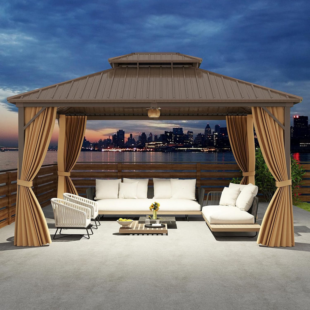 Tangkula 12x14 FT Hardtop Gazebo, Outdoor Permanent Pavilion Shelter with Netting & Curtain, Heavy-Duty Double Galvanized Metal Roof, Aluminum Frame, Outdoor Gazebo for Patio Garden Deck Lawn