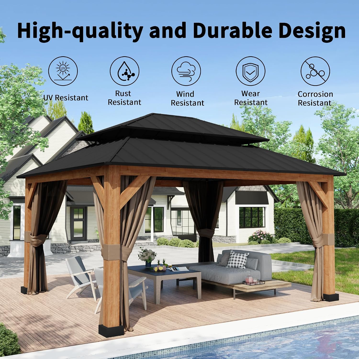 13' x 15' Double Hardtop Gazebo - Outdoor Thermal Transfer Wood-Looking Aluminum Gazebo with Double Hardtop, Privacy Curtains and Mosquito Nettings Included, for Patio, Garden, Backyard