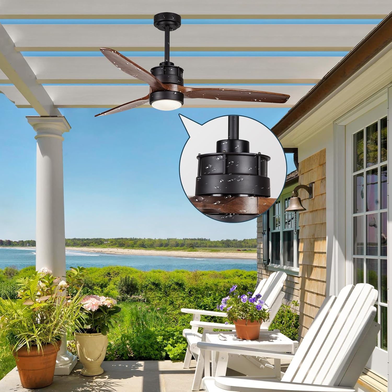EKIZNSN 52 Inch Wet Rated Outdoor Ceiling Fan with Lights for Patios Waterproof Outdoor and Indoor use, DC Motor w 3 Reversible Walnut Wood Blades