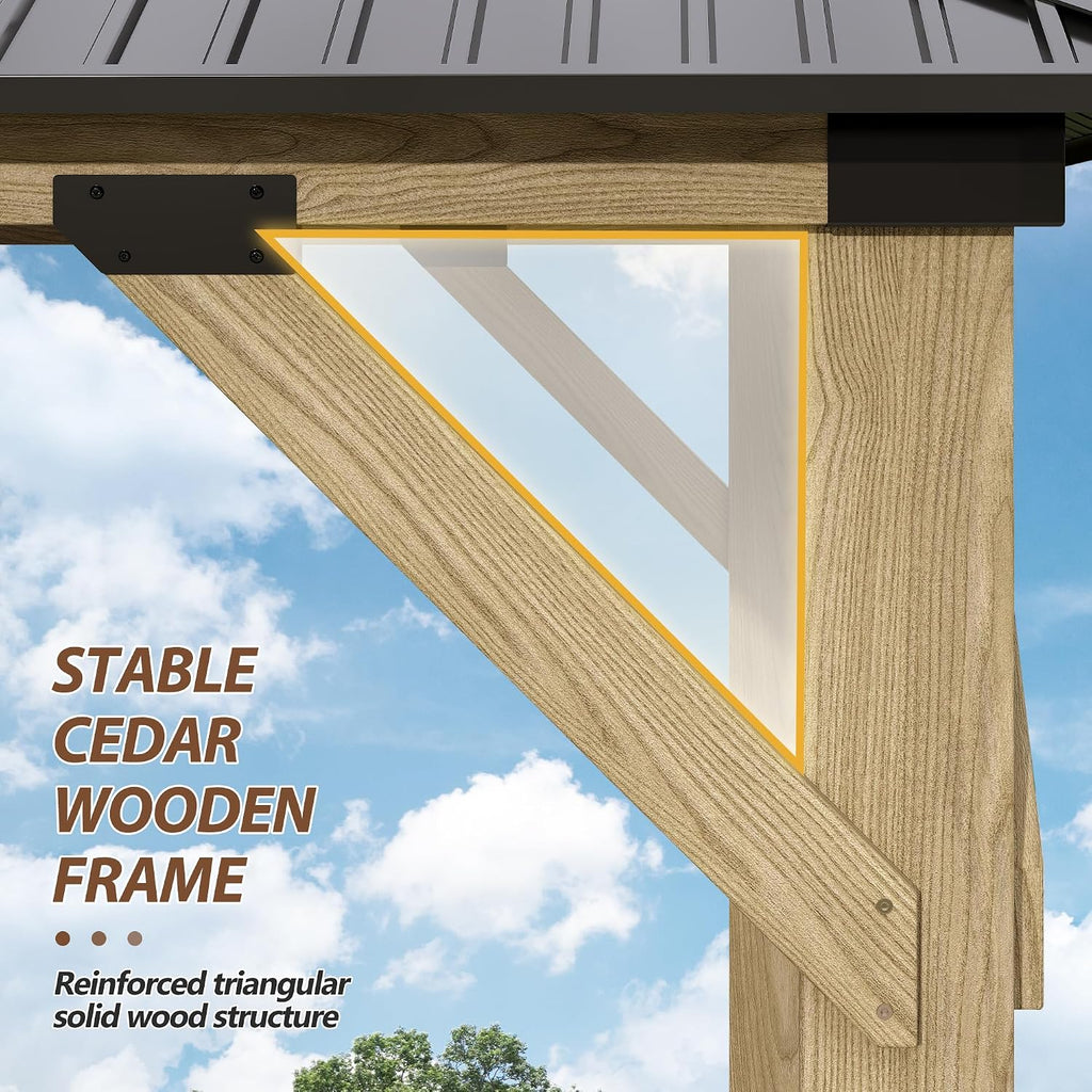 11'x13' Wood Gazebo,Outdoor Hardtop Gazebo with Galvanized Steel Doule Roof, Wooden Frame Gazebos for Patio Backyard Deck
