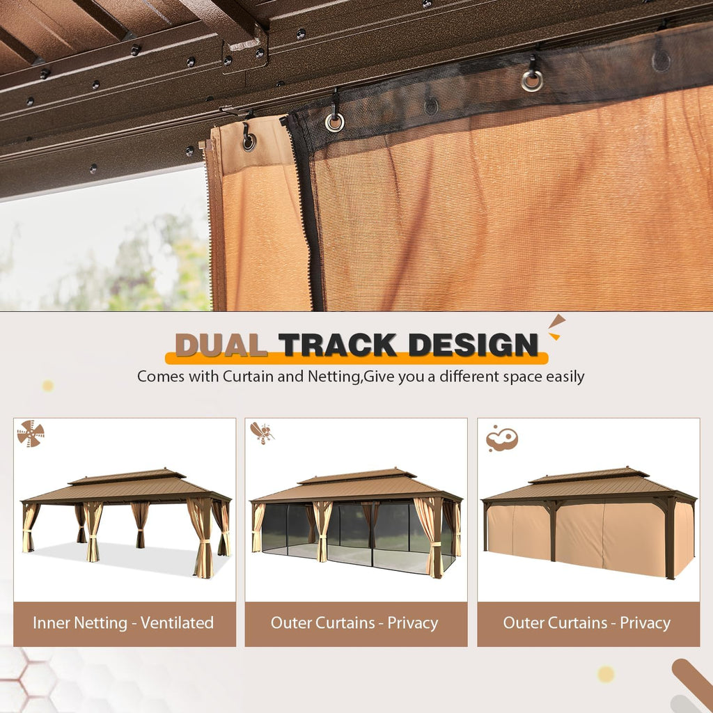 EROMMY 14'x24' Hardtop Gazebo Double Roof Galvanized Steel Outdoor Gazebos with Aluminum Frame, Netting and Curtains, Permanent Metal Pavilion for Patio Backyard Deck and Lawns