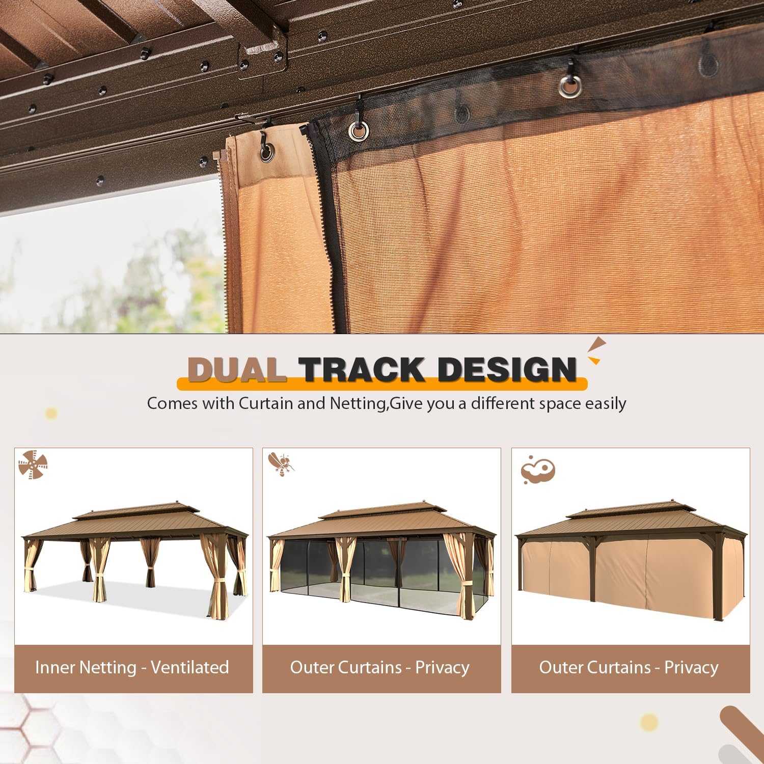 EROMMY 14'x24' Hardtop Gazebo Double Roof Galvanized Steel Outdoor Gazebos with Aluminum Frame, Netting and Curtains, Permanent Metal Pavilion for Patio Backyard Deck and Lawns