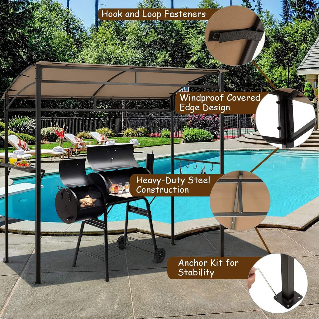 LDAILY Grill Gazebo, 7x4.4ft BBQ Canopy Shelter with Storage Shelf and Hooks, Heavy-Duty Steel Frame, Grill Pergola with Bottle Opener Notch, Small Gazebo for Backyard, Patio, Garden (Brown)
