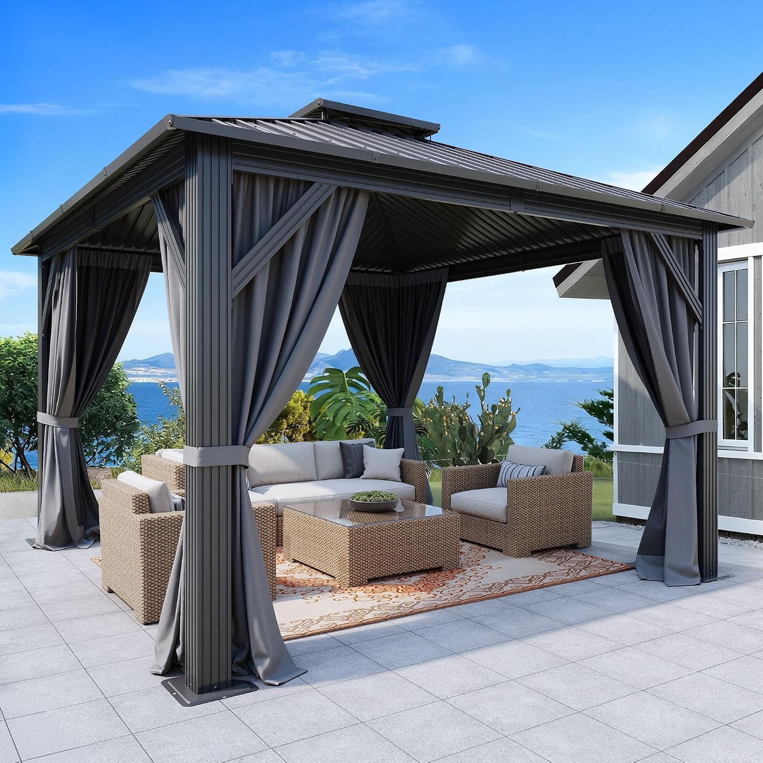 DWVO 12x12ft Hardtop Gazebo Double Roof with Nettings and Curtains, Heavy Duty Galvanized Steel Outdoor Vertical Stripes Roof for Patio, Backyard, Deck, Lawns, Gray