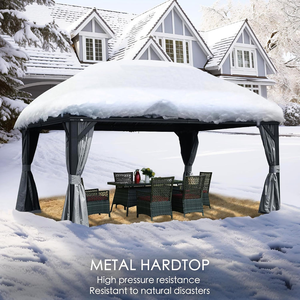 Kozyard Alexander 12' x 16' Hardtop Gazebo, Aluminum Frame with Galvanized Steel Double Roof, Outdoor Permanent Pavilion with Curtains and Netting for Patio, Backyard, Deck, Lawn (Gray)